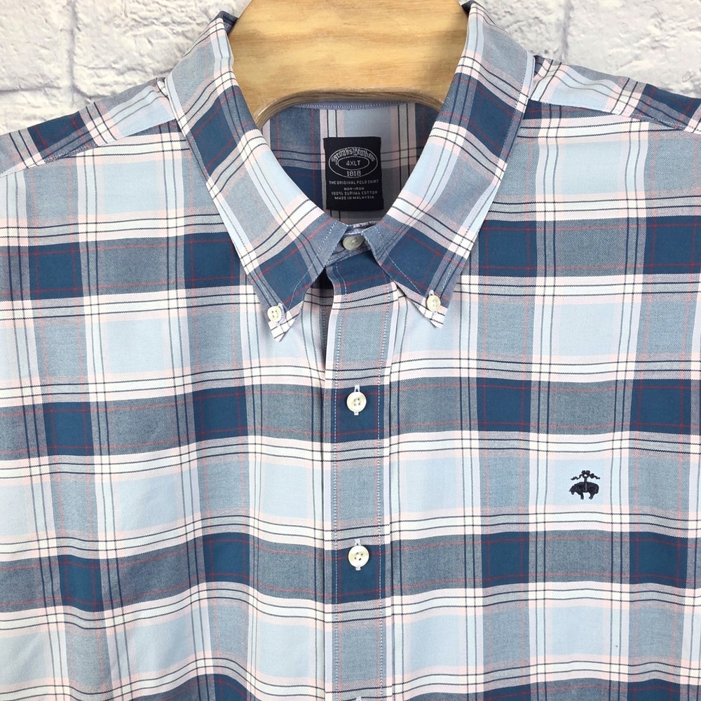 Brooks Brothers 1818 Non-Iron Shirt Blue Plaid Cotton Button Down Size 4XLT TALL